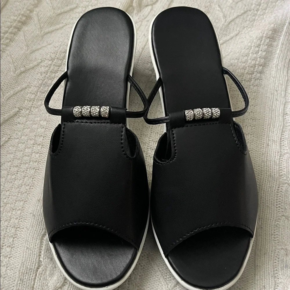 Fashion Nova Black and White Platform Wedge Slides